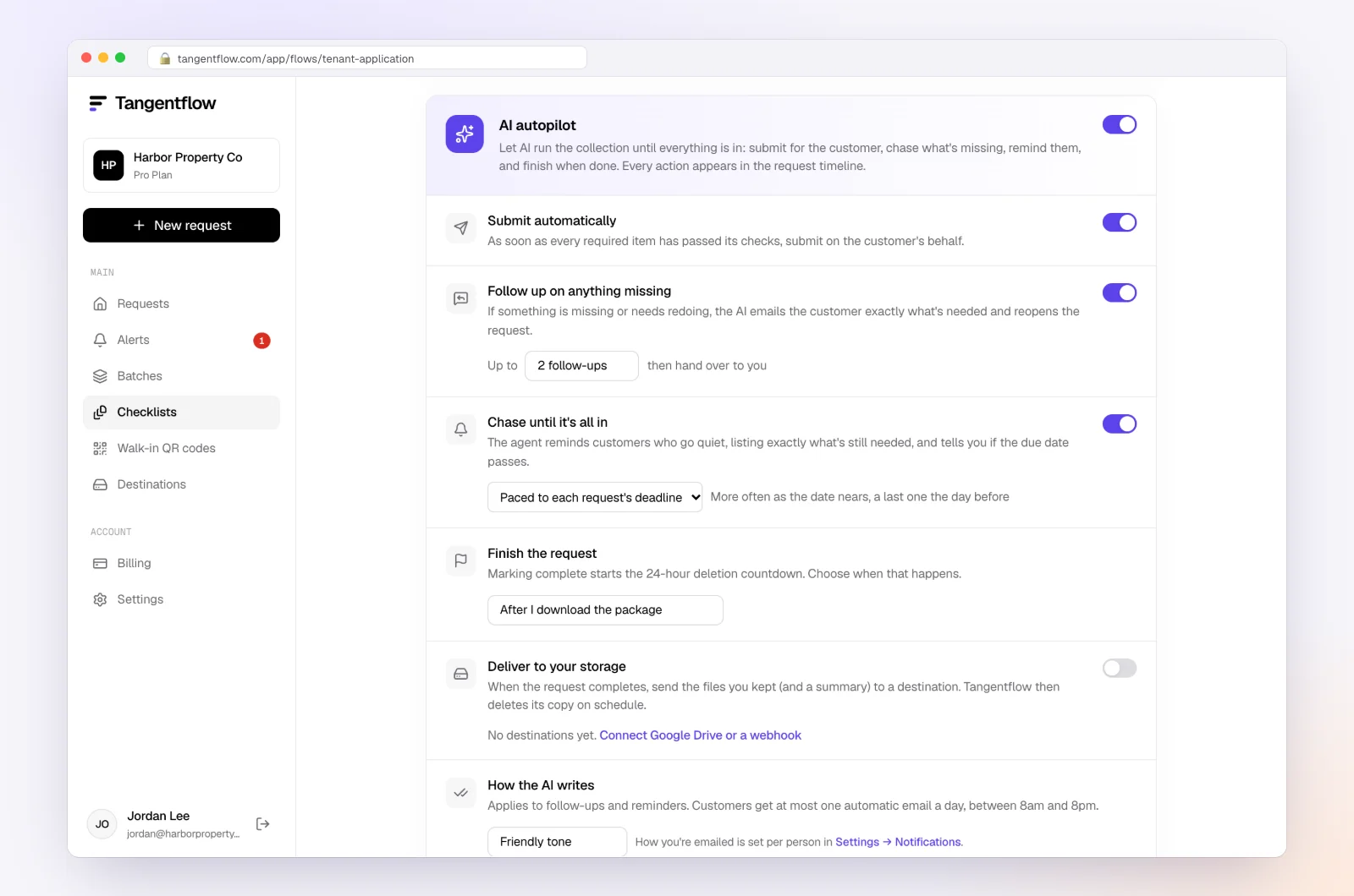 Autopilot settings for follow-ups, reminders paced to the deadline and how the AI writes