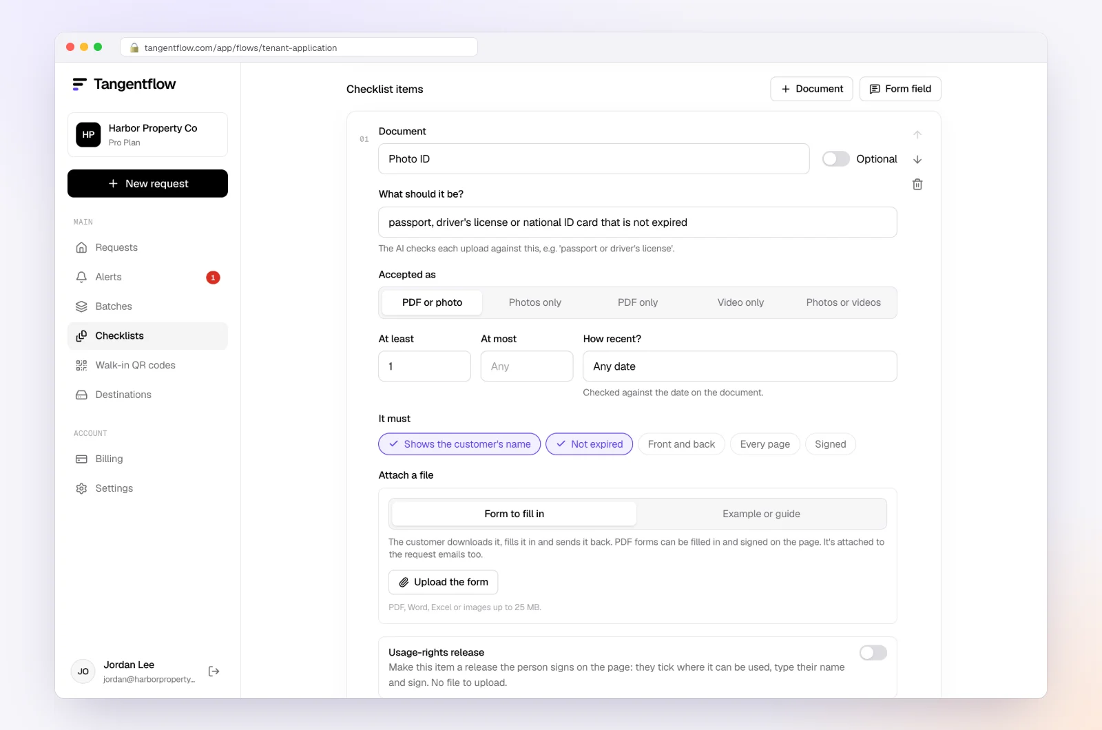 The checklist editor with what each item should be, signing and date rules