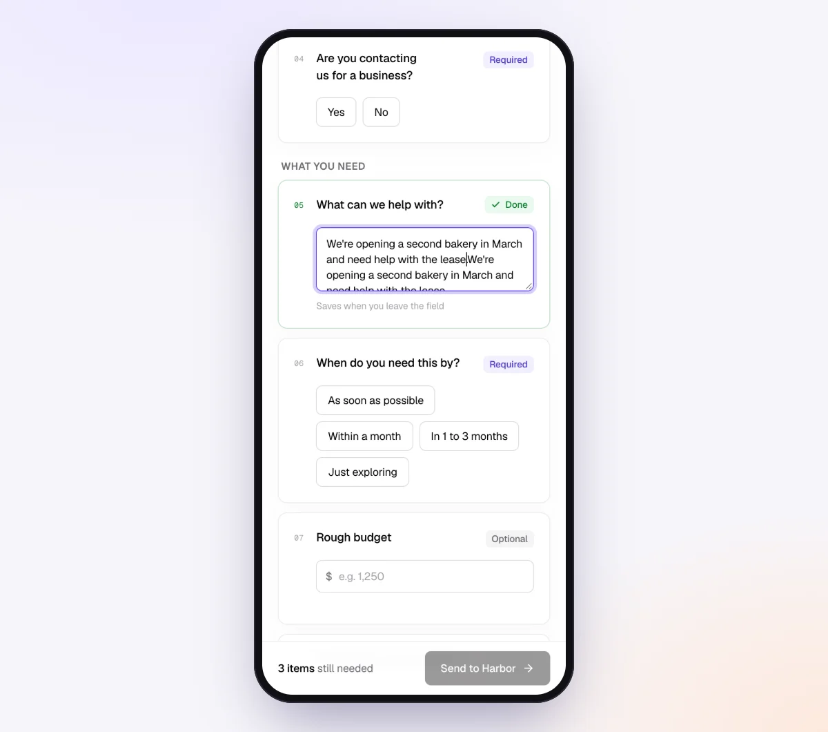 Customer page with form fields for choices, dates and amounts