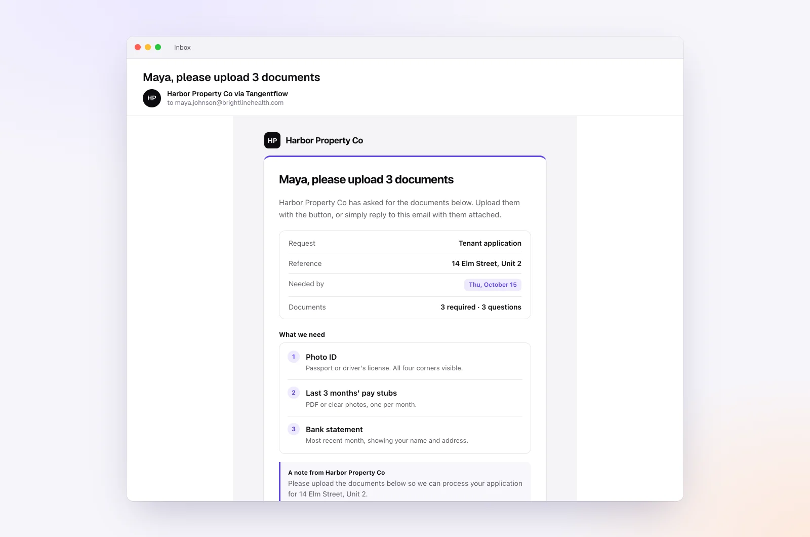 The invitation email a client receives, with the checklist and a button to open the request