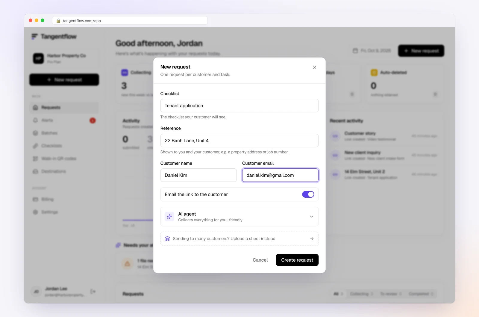 The New request dialog with checklist, reference, new hire name and email, and the needed-by date
