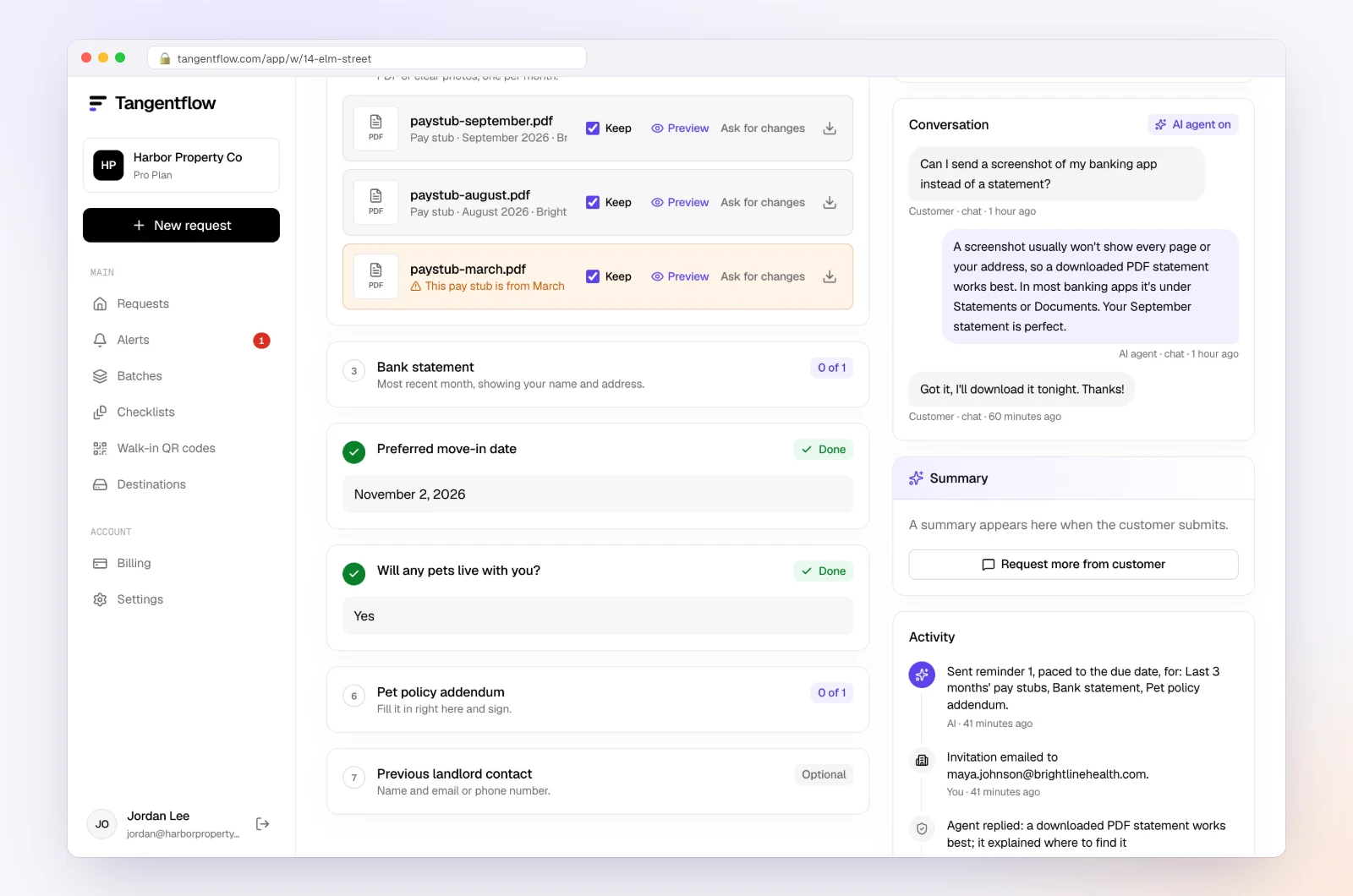 The request page showing a client question and the AI agent's answer