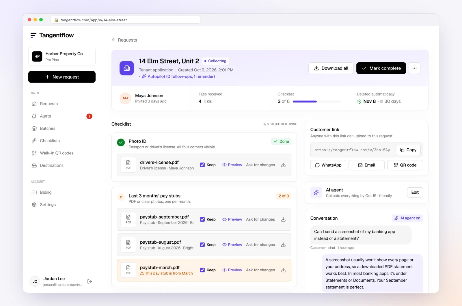 The request page showing each file with its check result, missing items and the activity timeline
