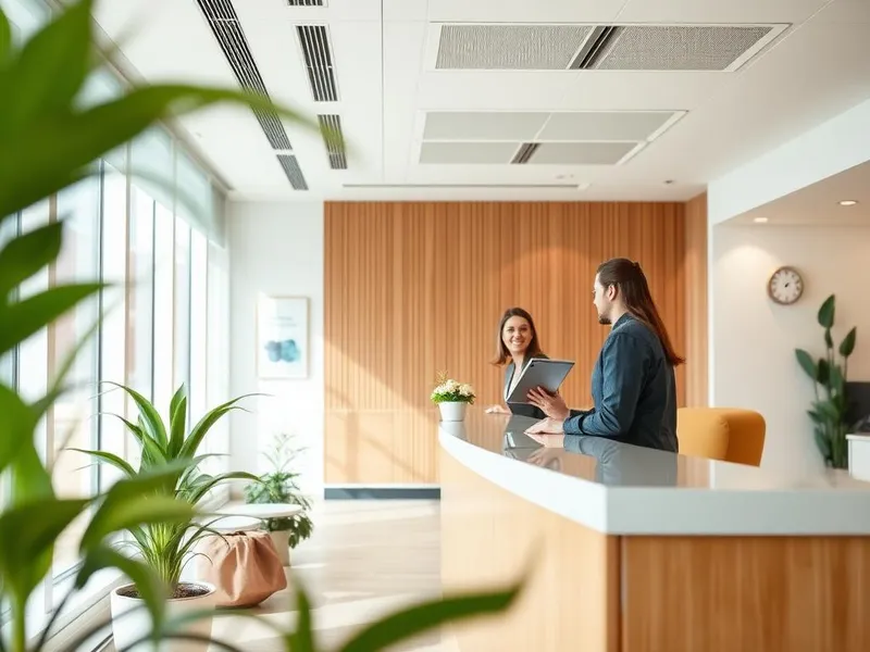 Receptionist at a bright dental clinic helping a patient